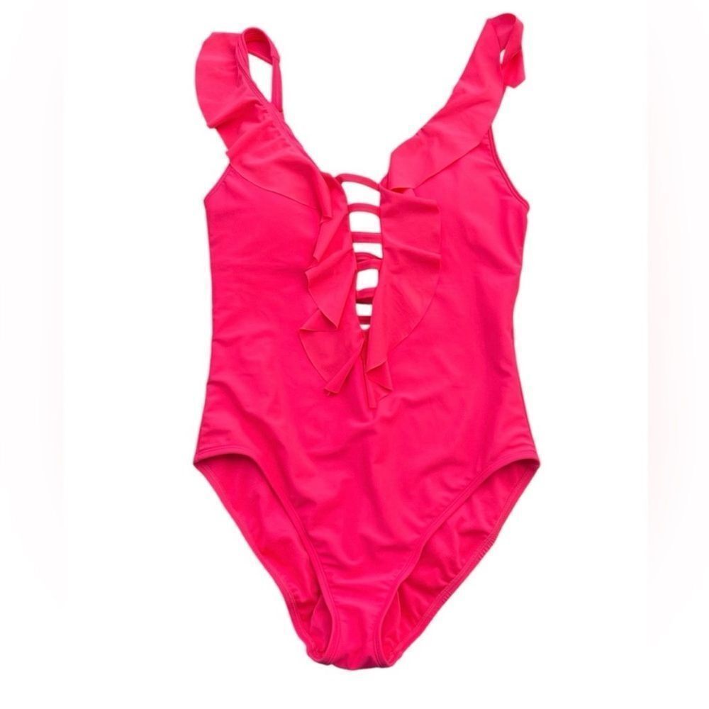 Lilly Pulitzer Carmen bright pink Ruffle deep v strappy one piece swimsuit SZ 10 - Picture 4 of 10